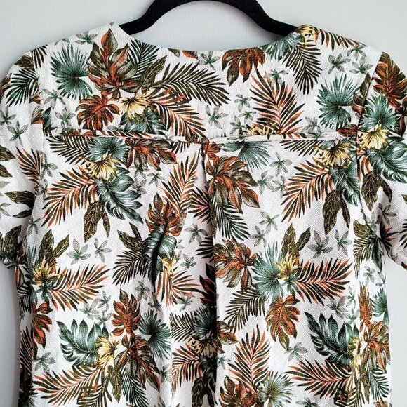 Mo:Vint Cream Floral Leaves Linen Cotton Blend Vintage Boho Swing Flared Top - Picture 8 of 8